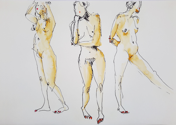Drie dames, modeltekeningen, gemaakt door Zus van Zand